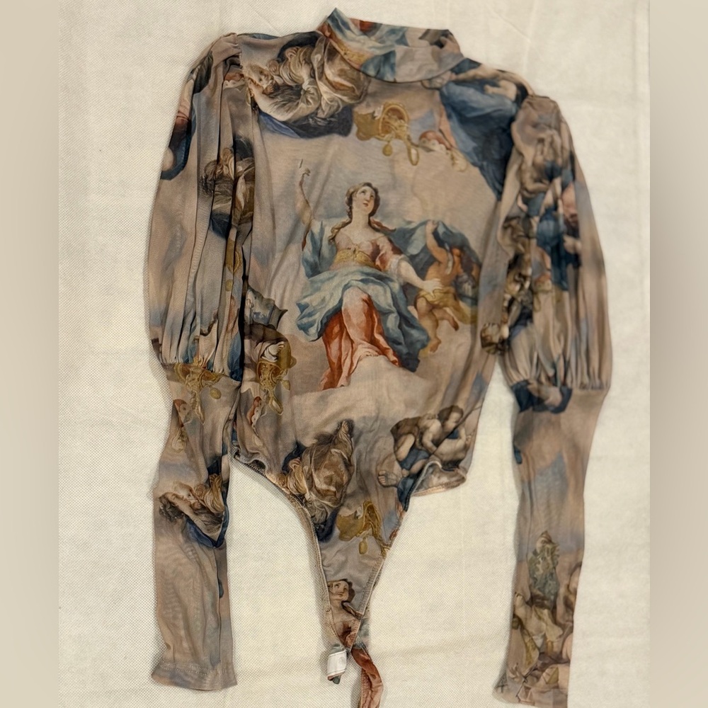 Fashion Nova Renaissance Print Mesh Bodysuit | Sheer Long Sleeve | Size M - Picture 3 of 4